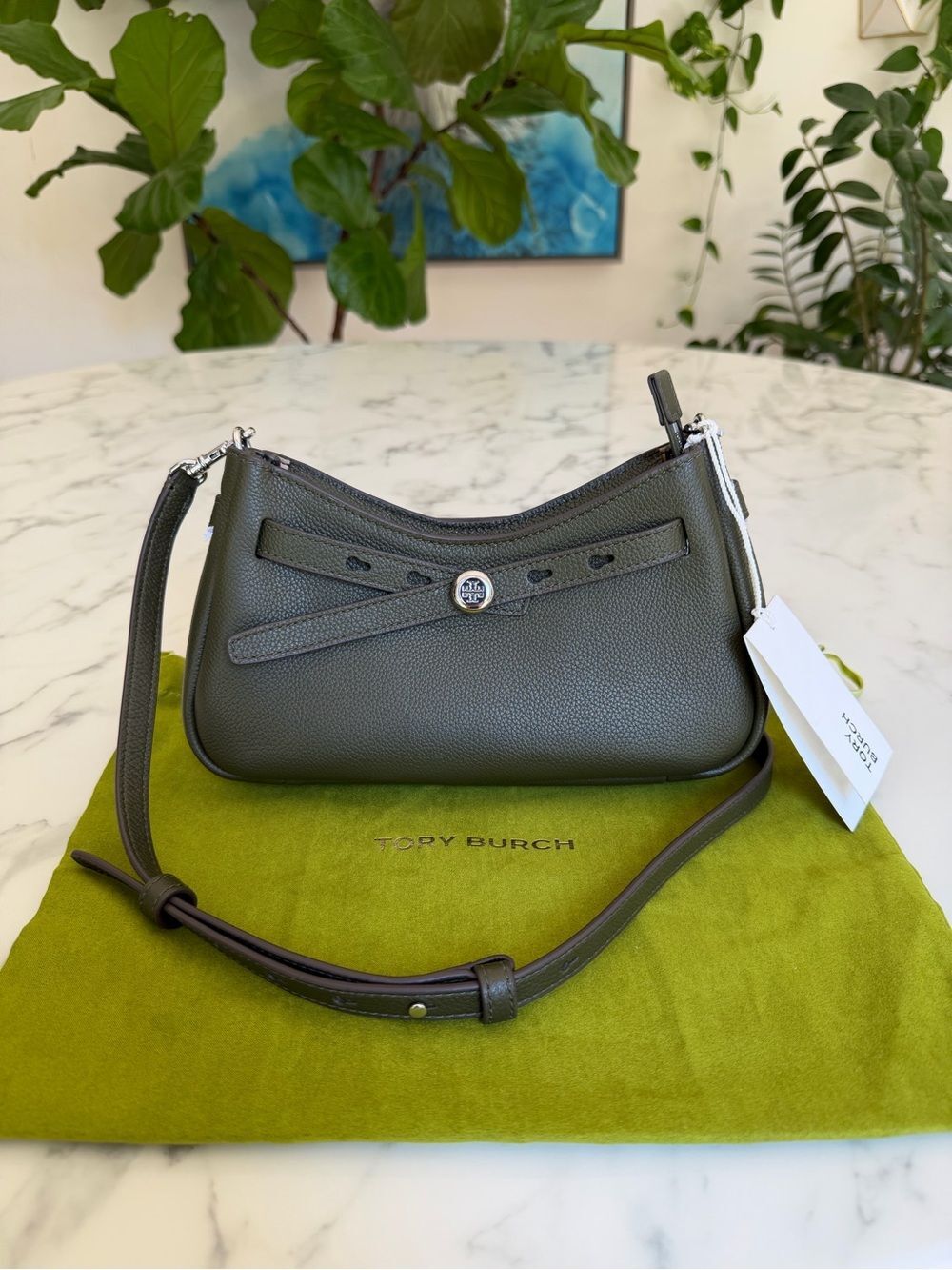 NWT Tory Burch Romy Zip Top Leather Crossbody Bag Leccio Army Olive Green